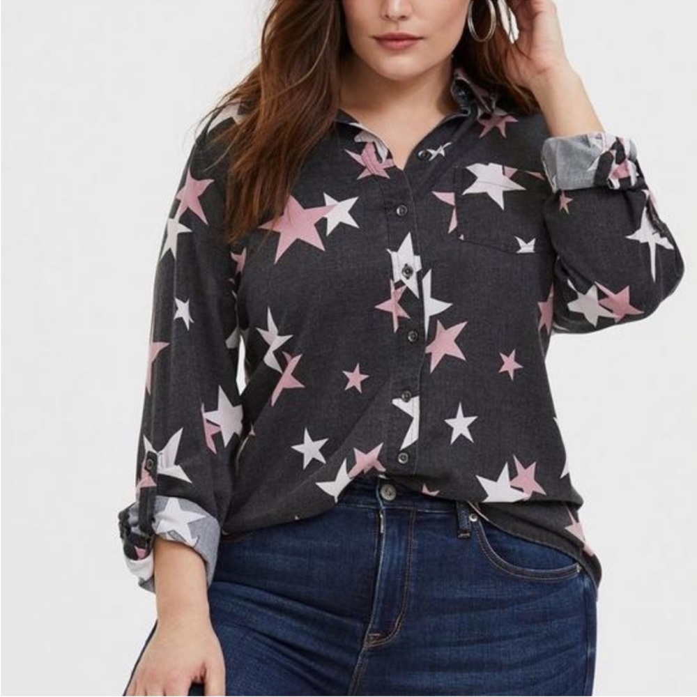 Torrid Black and Pink Star Button Down Shirt